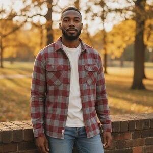 Flag & Anthem Men's Red Gray Buffalo Plaid Flannel Button-Up Shirt Size M Tall